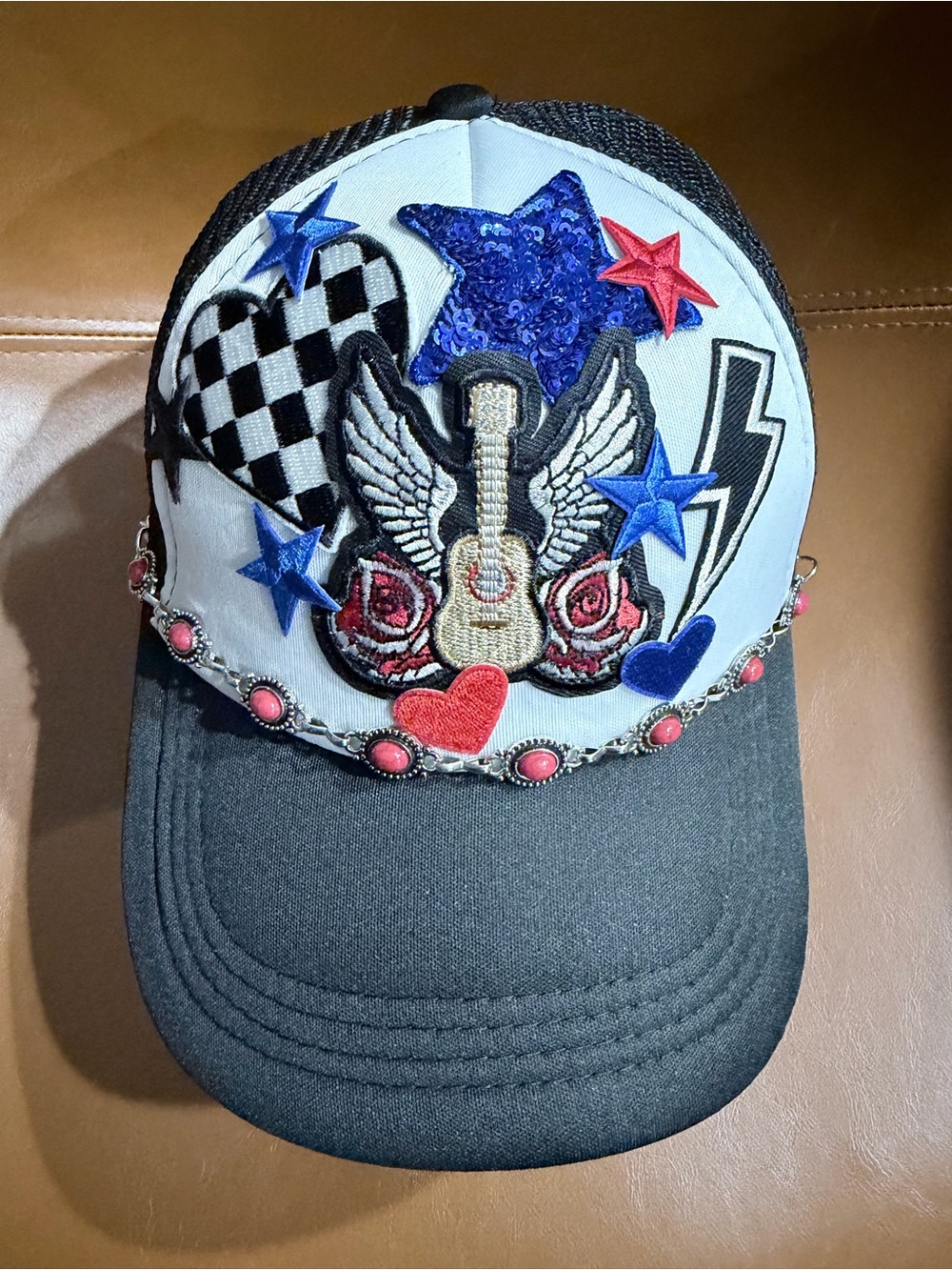 Kids Black & White Embroidered Rock Star Cap with Blue Accents